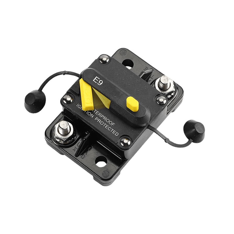 Angled view of 50A DC circuit breaker showing robust housing and terminal studs