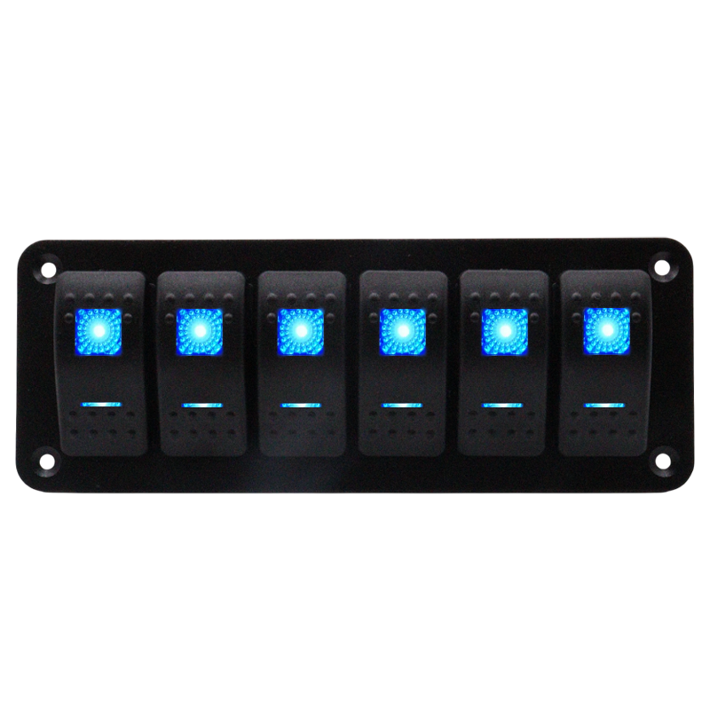 Front view of 6-gang marine rocker switch panel with blue LED indicators on black aluminium plate
