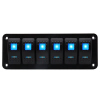 Front view of 6-gang marine rocker switch panel with blue LED indicators on black aluminium plate
