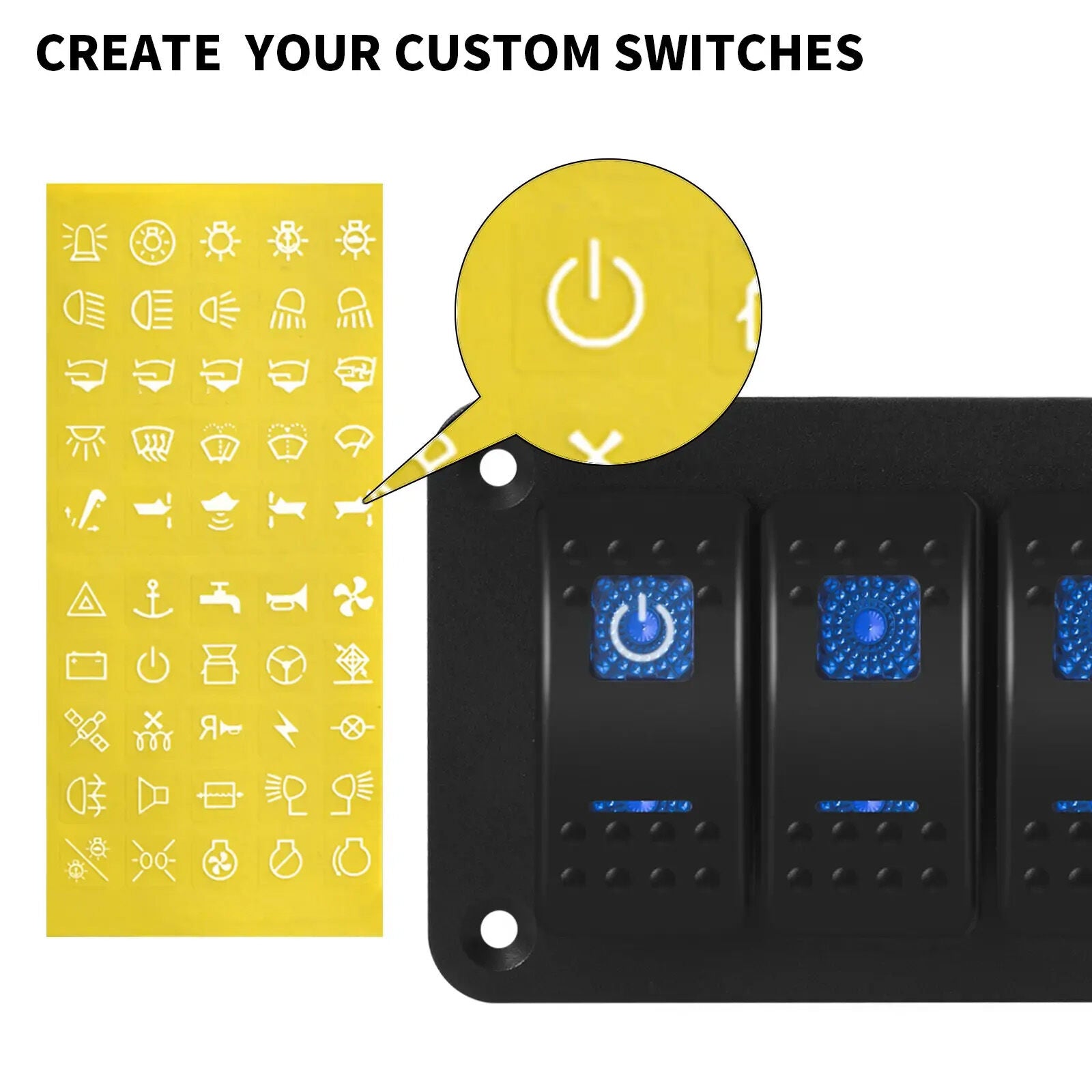 Yellow sticker sheet with marine icons and close-up of power symbol label applied to switch