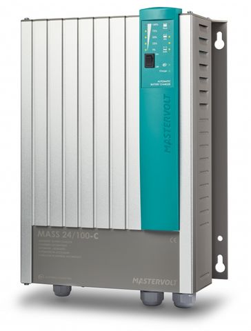 Mastervolt Mass 24/100 mains battery charger with silver ribbed casing and green LED control panel