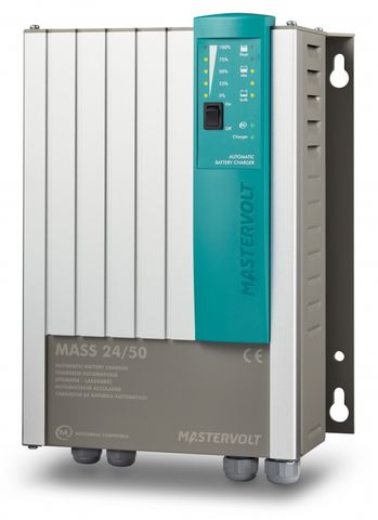 Mastervolt Mass 24/50-2 mains battery charger with metallic ribbed casing and teal LED control panel
