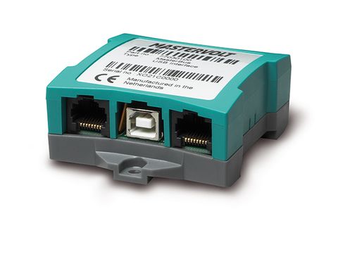 Mastervolt USB interface for connecting a PC to MasterBus or CZone networks featuring RJ45 and USB-B ports