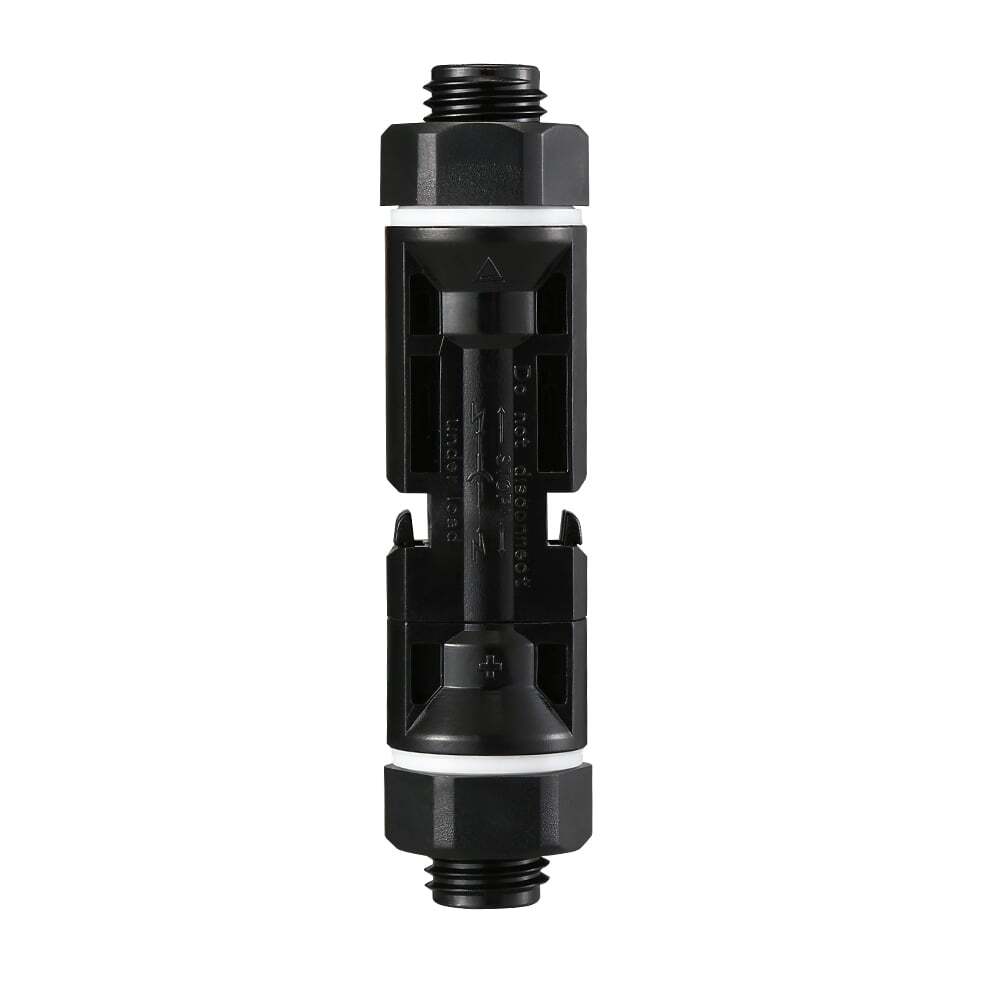 Mated pair of black bulkhead solar connectors locked together