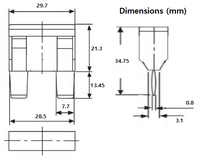 Technical drawing of maxi blade fuse showing dimensions in millimetres for body and terminals