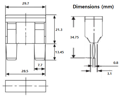 Technical drawing of maxi blade fuse showing dimensions in millimetres for body and terminals