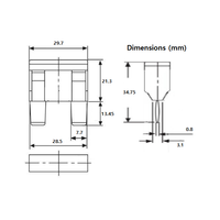 Technical drawing of maxi blade fuse showing dimensions in millimetres for body and terminals