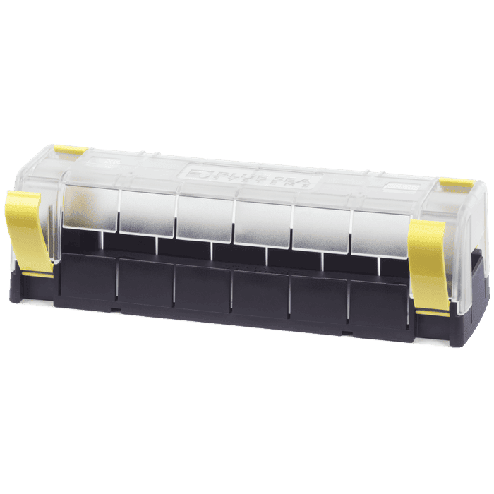Clear polycarbonate insulating cover for Blue Sea MaxiBus busbars featuring yellow locking clips and wire access knockouts