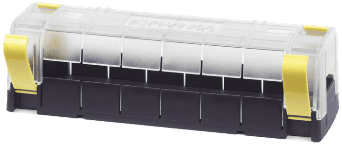 Clear polycarbonate insulating cover for Blue Sea MaxiBus busbars featuring yellow locking clips and wire access knockouts