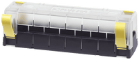 Clear polycarbonate insulating cover for Blue Sea MaxiBus busbars featuring yellow locking clips and wire access knockouts