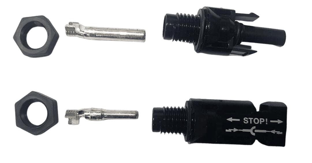 Disassembled MC4 panel mount kit components showing locking nuts, crimp terminals and connector housings