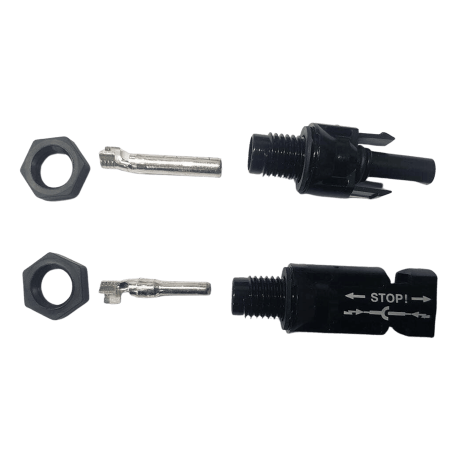 Disassembled MC4 panel mount kit components showing locking nuts, crimp terminals and connector housings
