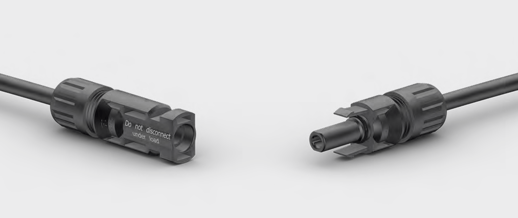Male and female MC4 connectors facing each other with safety warning text visible