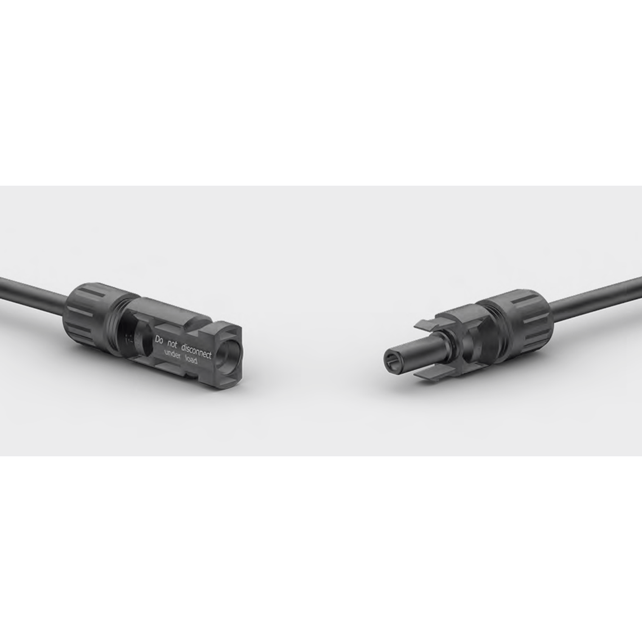 Male and female MC4 connectors facing each other with safety warning text visible