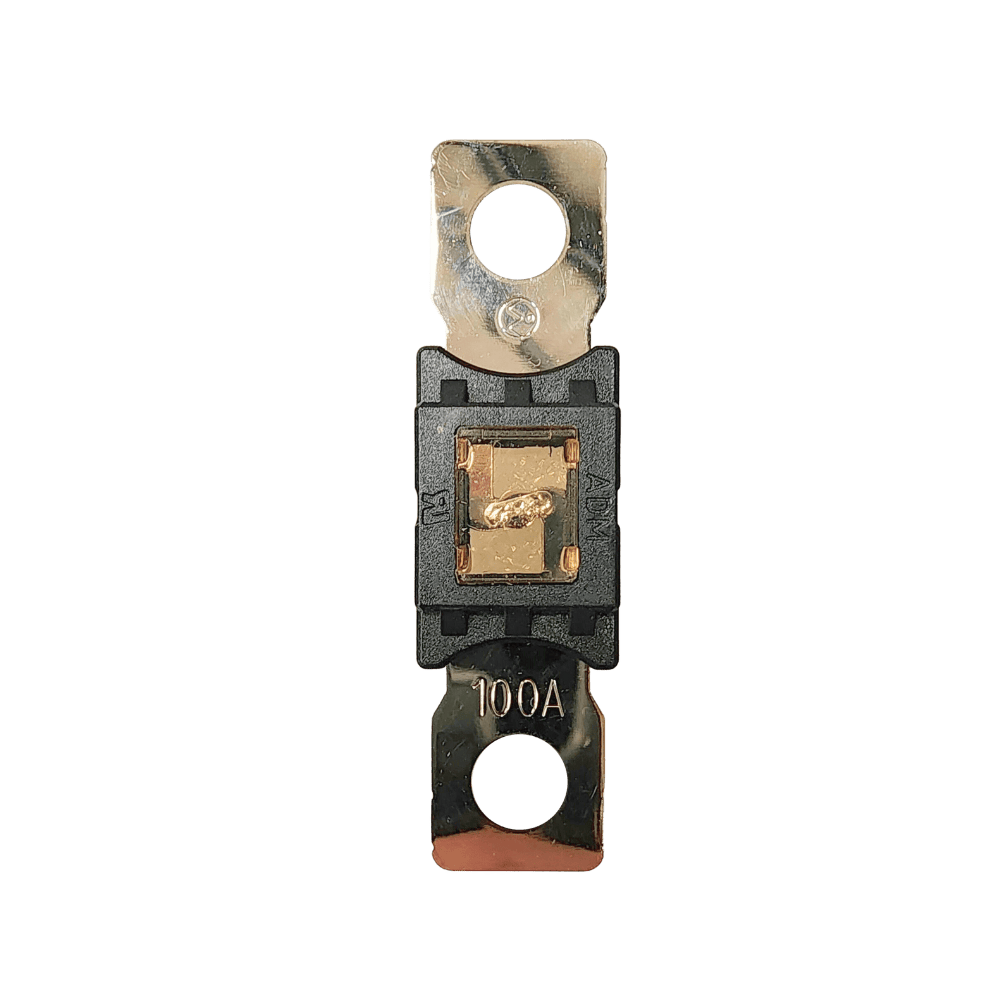 Top-down view of 100A Mega fuse with black housing and clear window