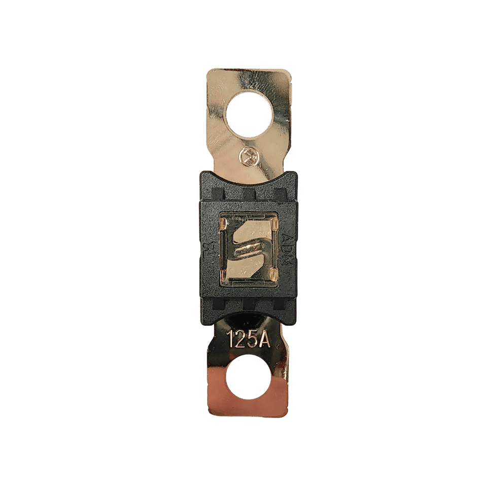Top-down view of 125A Mega fuse with black housing and clear window
