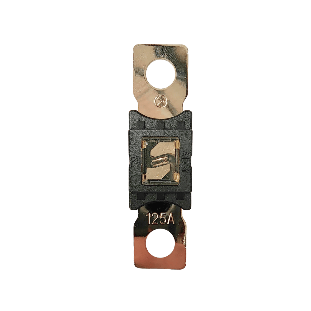 Top-down view of 125A Mega fuse with black housing and clear window