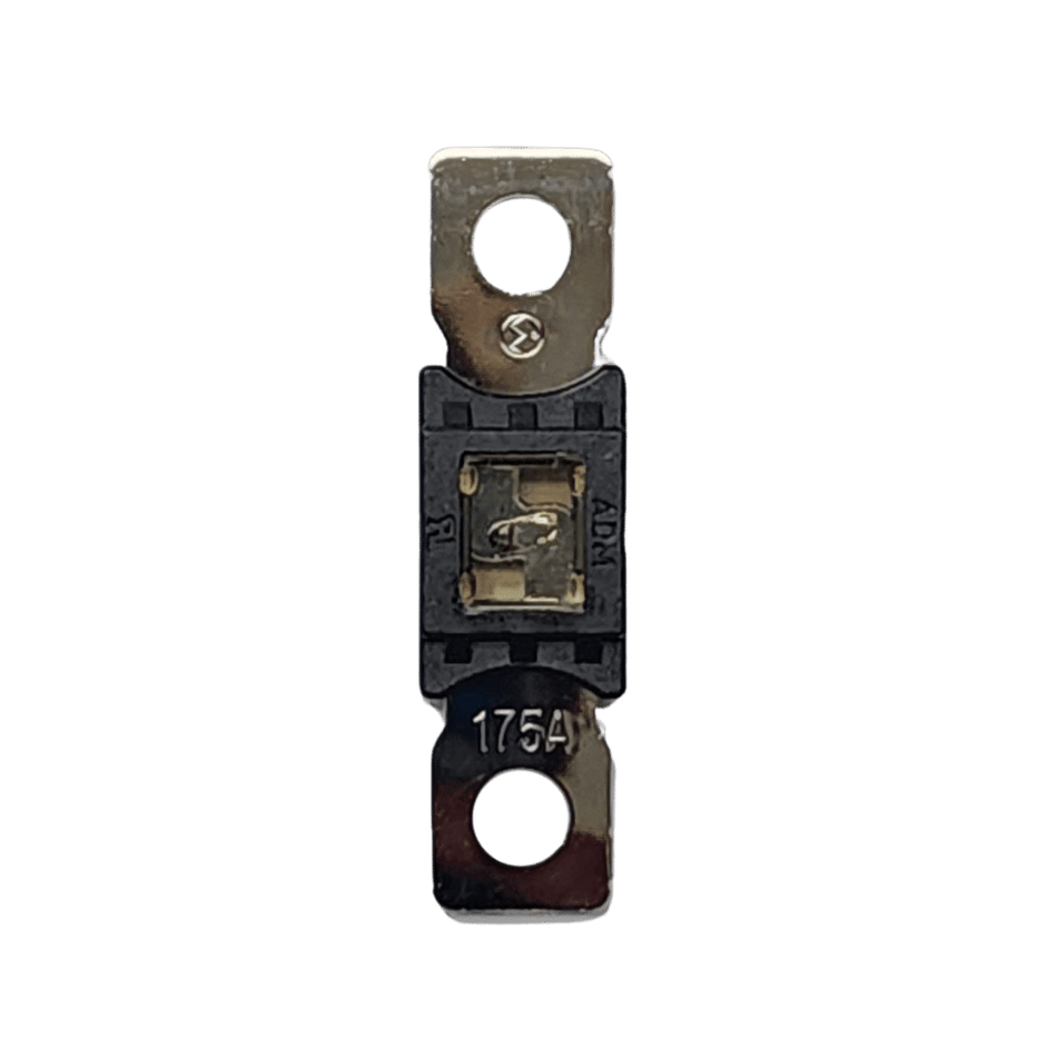 Top-down view of 175A Mega fuse with black housing and clear window