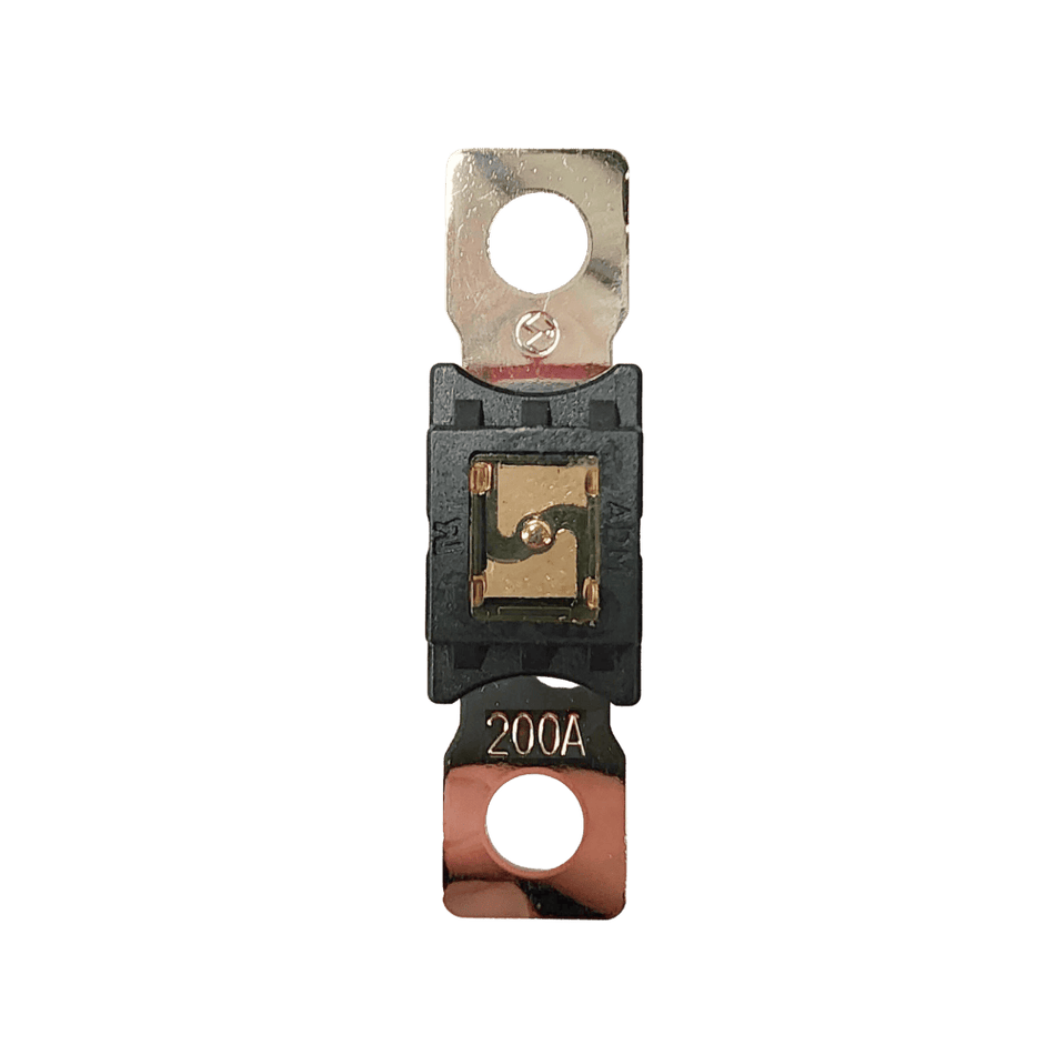 Top-down view of 200A Mega fuse with black housing and clear window