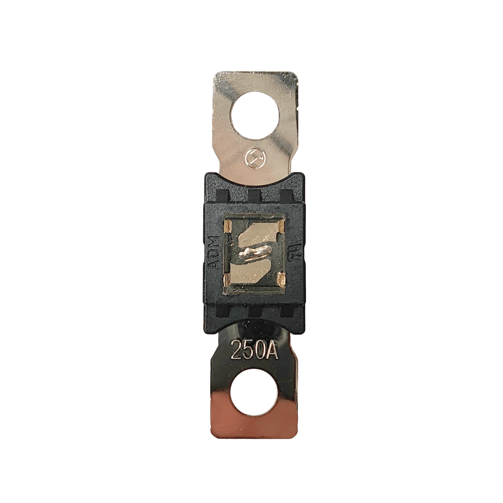 Top-down view of 250A Mega fuse with black housing and clear window