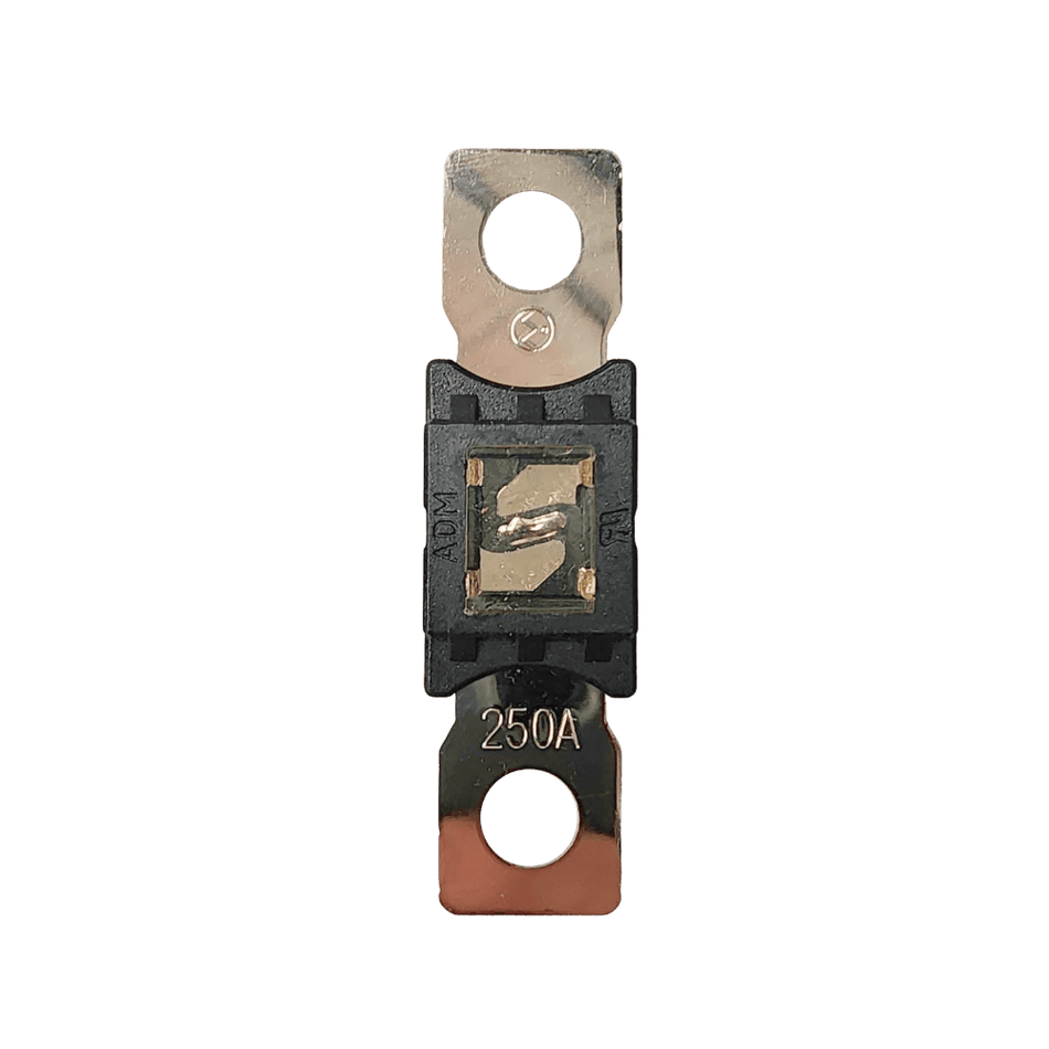 Top-down view of 250A Mega fuse with black housing and clear window