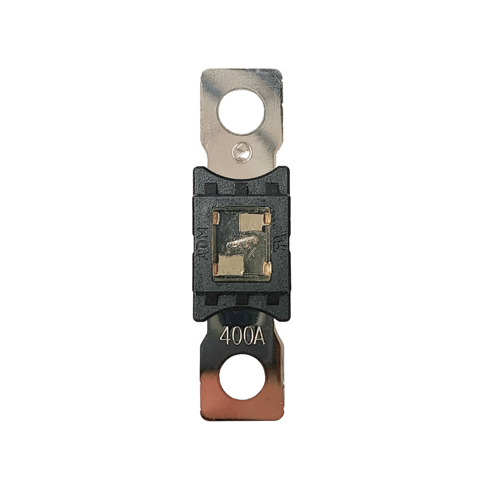 Top-down view of 400A Mega fuse with black housing and clear window