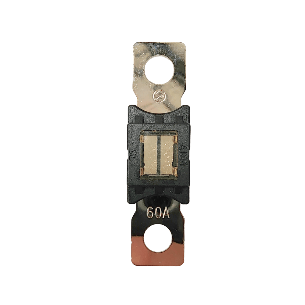 Top-down view of 60A Mega fuse with black housing and clear window
