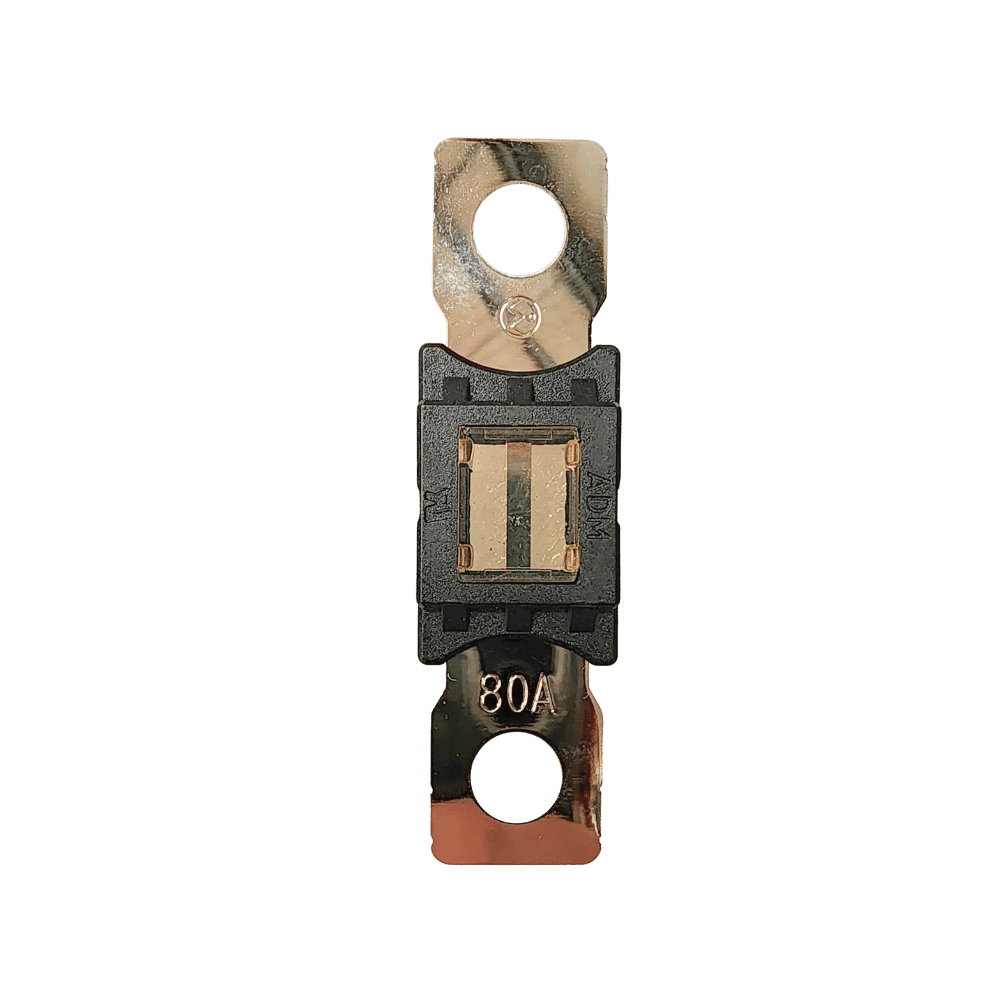 Top-down view of 80A Mega fuse with black housing and clear window