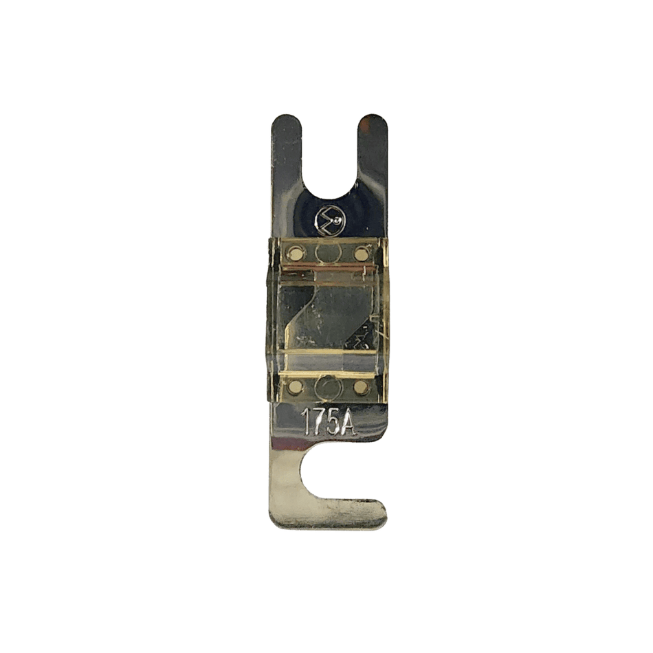 Top view of 175A Midi fuse featuring clear housing and tin-plated terminals