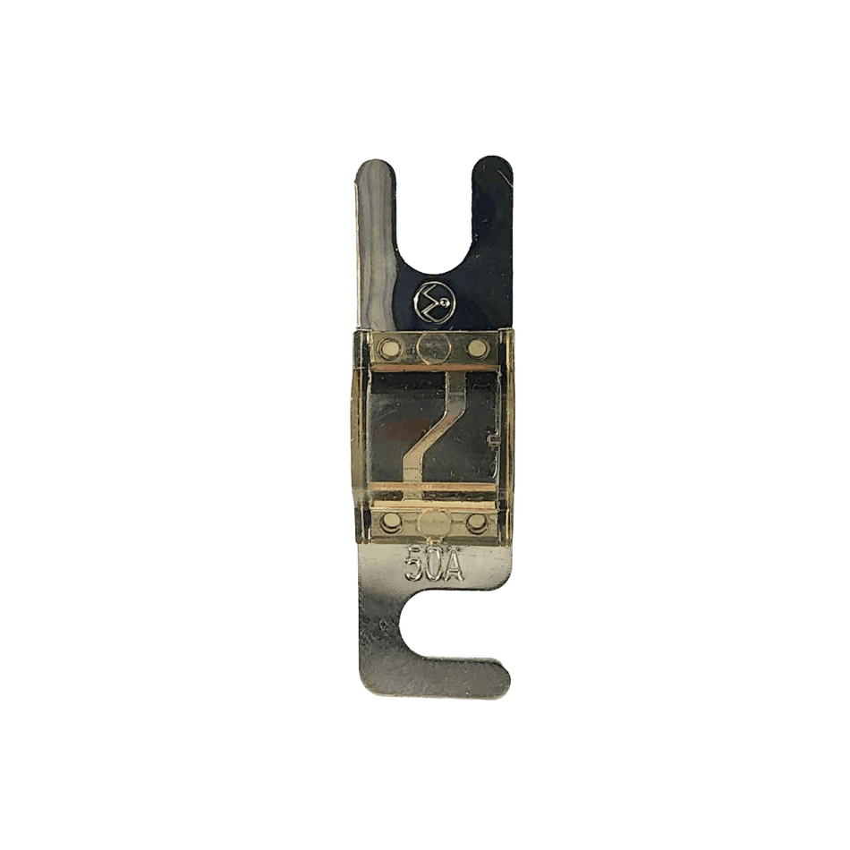 Top view of 50A Midi fuse featuring clear housing and tin-plated terminals