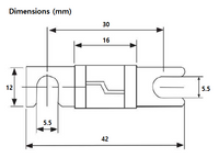 Technical dimensional drawing of Midi fuse with 42mm length and 30mm mounting spacing