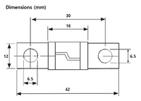 Dimensional drawing of Midi fuse showing 42mm length and 30mm hole spacing