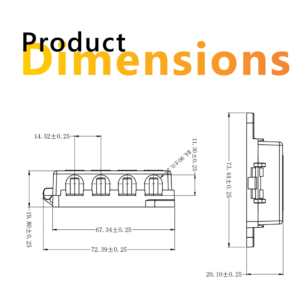Technical drawing showing side and front elevation dimensions in millimetres