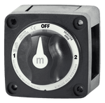Angled view of black marine battery selector switch with grey knob and position labels OFF, 1, and 2