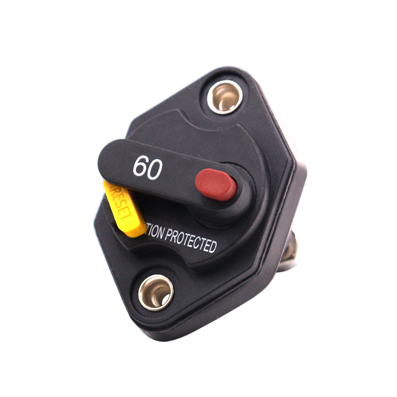 Angled front view of 60A mini panel mount DC circuit breaker showing red trip button and yellow reset lever