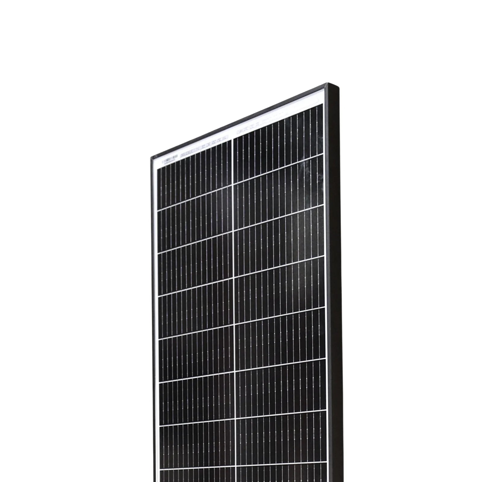 Close-up of solar panel top corner showing cell grid and glass texture