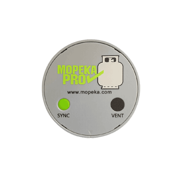 Top-down view of silver Mopeka Pro Check LPG sensor with green sync button and branding