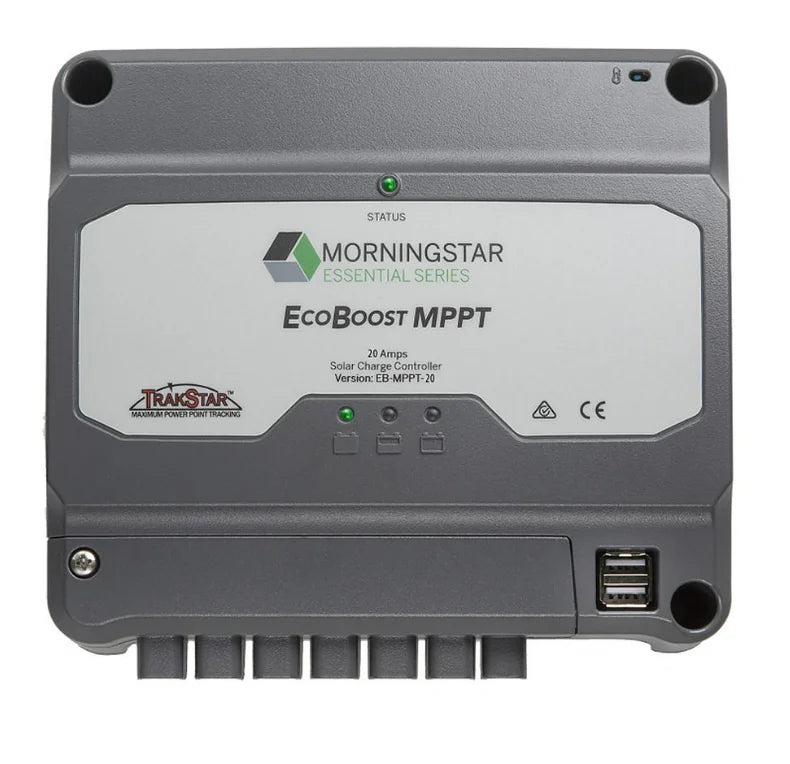 Front view of 20A MPPT solar charge controller showing status LEDs, dual USB ports and wiring terminals