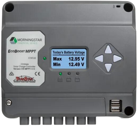 Grey Morningstar EcoBoost MPPT 30A solar controller featuring digital display, navigation buttons and dual USB ports
