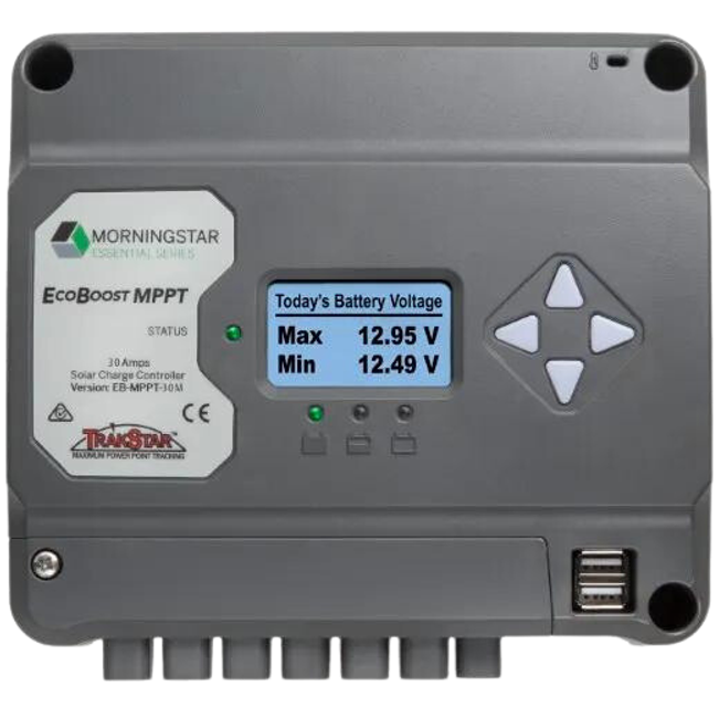Grey Morningstar EcoBoost MPPT 30A solar controller featuring digital display, navigation buttons and dual USB ports