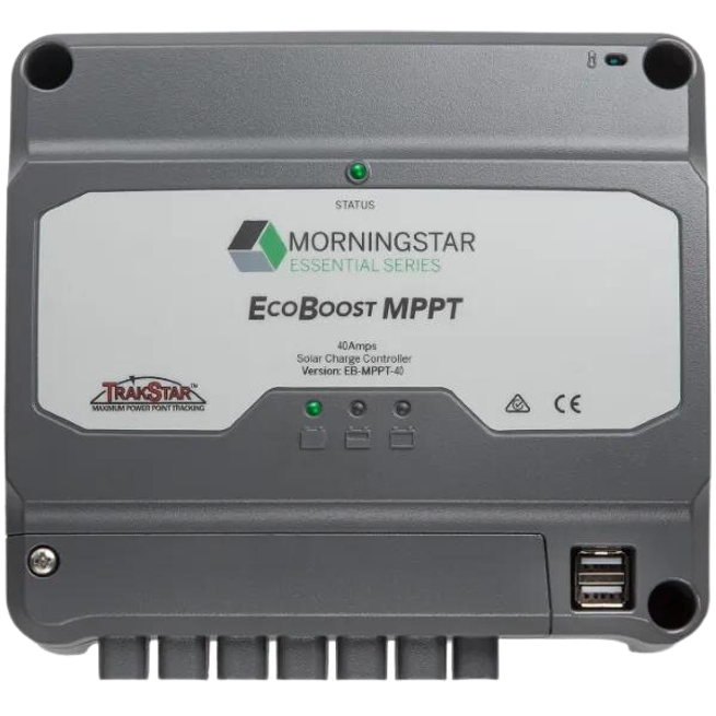 Front view of grey Morningstar EcoBoost MPPT 40A solar charge controller with status LEDs and USB ports