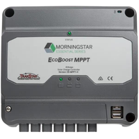 Front view of grey Morningstar EcoBoost MPPT 40A solar charge controller with status LEDs and USB ports