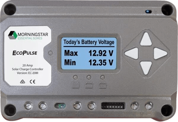 Front view of Morningstar EcoPulse 20A PWM solar controller with digital display and navigation buttons