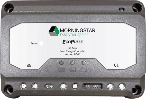 Front view of Morningstar EcoPulse 30A PWM solar charge controller showing status LEDs and connection terminals