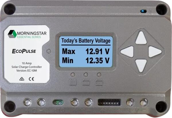 Grey Morningstar EcoPulse 10A solar charge controller featuring LCD display, navigation buttons and bottom wire terminals