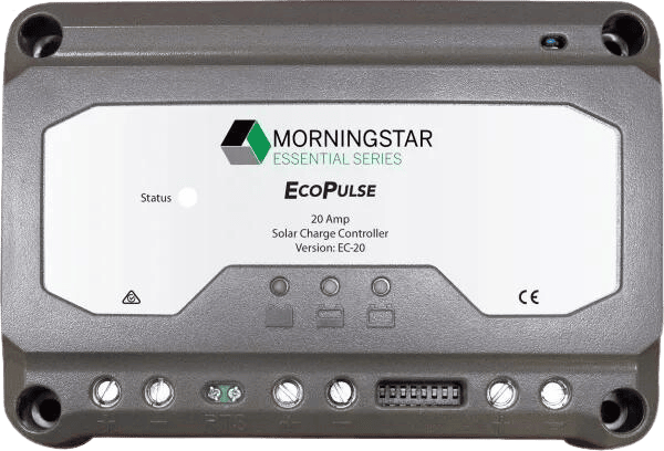 Front view of Morningstar EcoPulse 20A PWM solar controller showing status LEDs and terminals