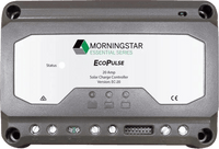 Front view of Morningstar EcoPulse 20A PWM solar controller showing status LEDs and terminals