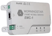 Morningstar EMC-1 Ethernet MeterBus Converter with Ethernet port, power terminals, and LED status indicators