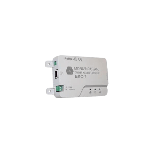 Morningstar EMC-1 Ethernet MeterBus Converter with Ethernet port, power terminals, and LED status indicators