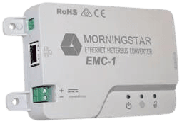 Morningstar EMC-1 Ethernet MeterBus Converter with Ethernet port, power terminals, and LED status indicators
